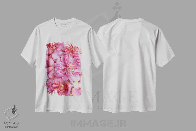 تیشرت سفید طرح دار گلبرگ های رز انگلیسی صورتی دو، مدیوم اثر آلیسون فنل | immage.ir