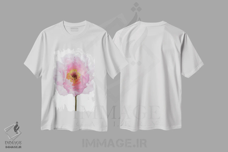 تیشرت سفید طرح دار گل صدتومانی درختی صورتی، تزئینی اثر آلیسون فنل | فروشگاه ایماژ