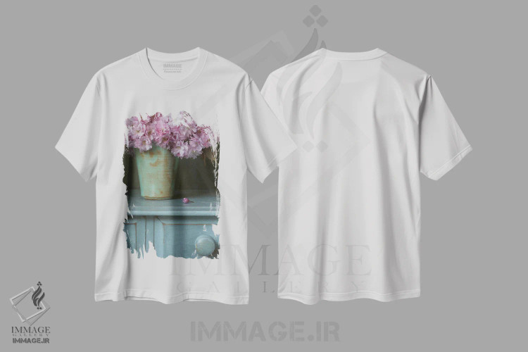 تیشرت سفید طرح دار طبیعت بی جان شکوفه و غنچه گیلاس، مدیوم اثر آلیسون فنل | فروشگاه ایماژ