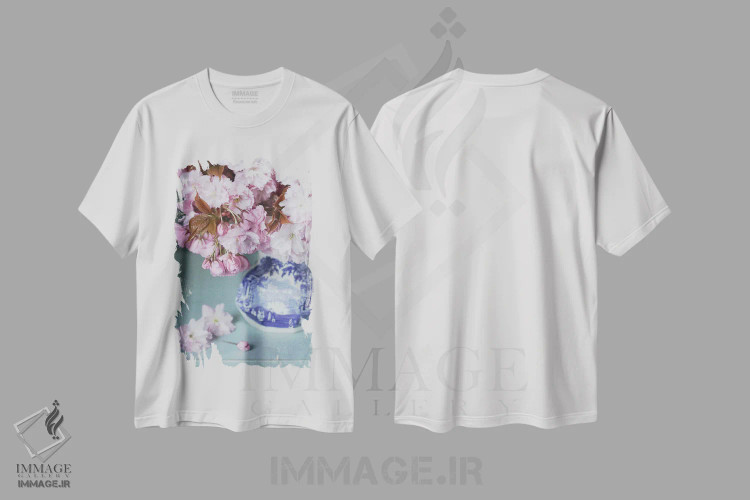 تیشرت سفید طرح دار طبیعت بی جان شکوفه گیلاس، مدیوم اثر آلیسون فنل | فروشگاه ایماژ