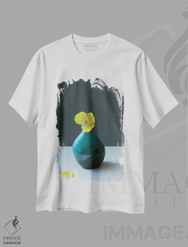 تیشرت سفید طرح دار طبیعت بی جان خشخاش زرد ولزی، مدیوم اثر آلیسون فنل | فروشگاه ایماژ