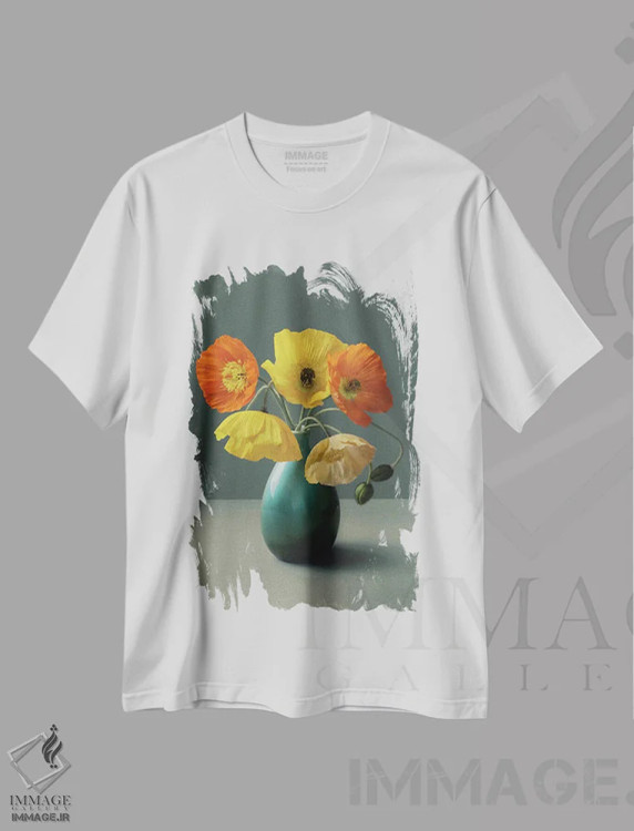 تیشرت سفید طرح دار طبیعت بی جان خشخاش ایسلندی، مدیوم اثر آلیسون فنل | immage.ir