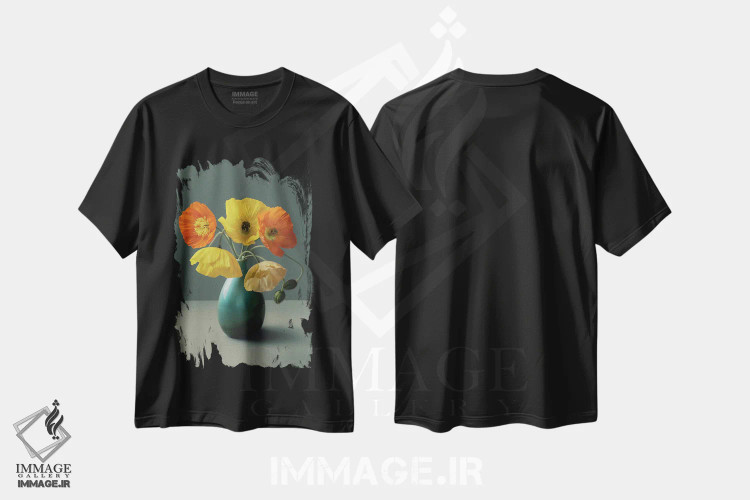 تیشرت مشکی طرح دار طبیعت بی جان خشخاش ایسلندی، مدیوم اثر آلیسون فنل | فروشگاه ایماژ