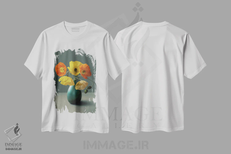 تیشرت سفید طرح دار طبیعت بی جان خشخاش ایسلندی، مدیوم اثر آلیسون فنل | immage.ir