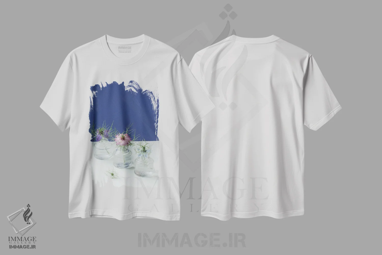 تیشرت سفید طرح دار طبیعت بی جان گل های نایجلا، مدیوم اثر آلیسون فنل | فروشگاه ایماژ