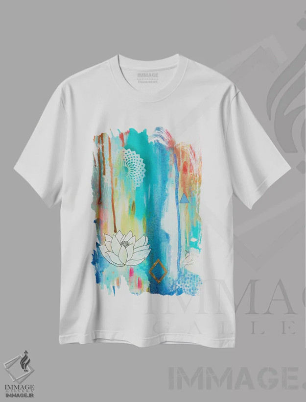 تیشرت سفید طرح دار شکوفهٔ لوتوس، آبستره اثر فِیث ایوانز-سیلز | فروشگاه ایماژ