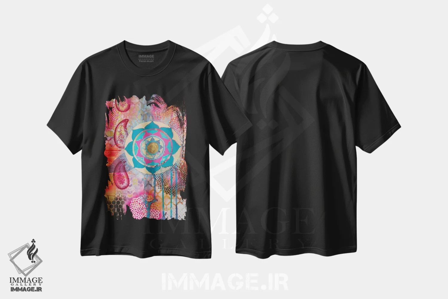 تیشرت مشکی طرح دار طرح بته جقه گل لوتوس ۱ اثر فِیث ایوانز-سیلز | فروشگاه ایماژ