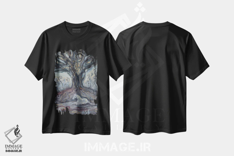 تیشرت مشکی طرح دار نگهبانان، دست نقاشی و طراحی دستی اثر فافا کورولوا | فروشگاه ایماژ