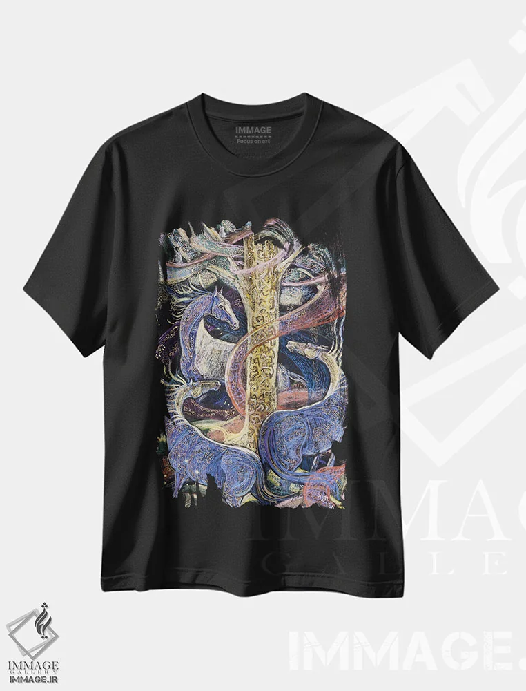 تیشرت مشکی طرح دار درخت جادویی، دست نقاشی و طراحی دستی اثر فافا کورولوا | فروشگاه ایماژ