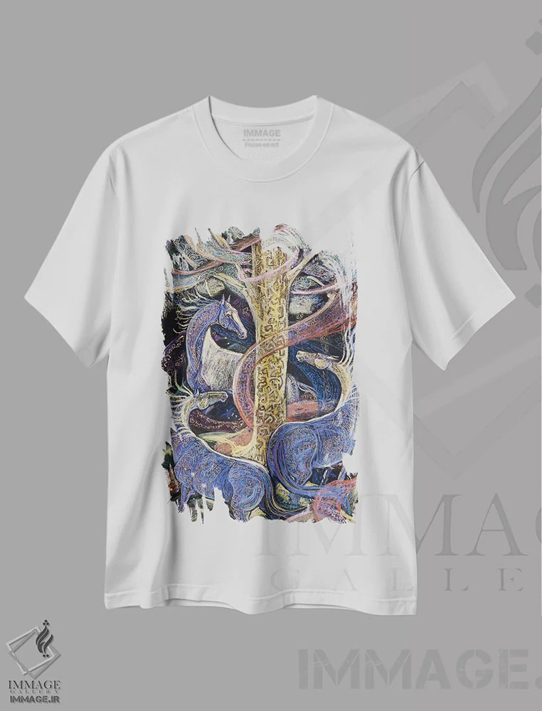تیشرت سفید طرح دار درخت جادویی، دست نقاشی و طراحی دستی اثر فافا کورولوا | immage.ir