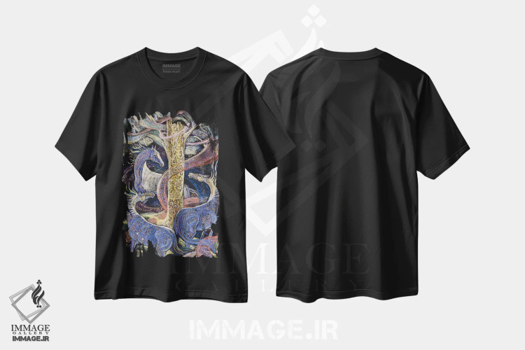 تیشرت مشکی طرح دار درخت جادویی، دست نقاشی و طراحی دستی اثر فافا کورولوا | فروشگاه ایماژ