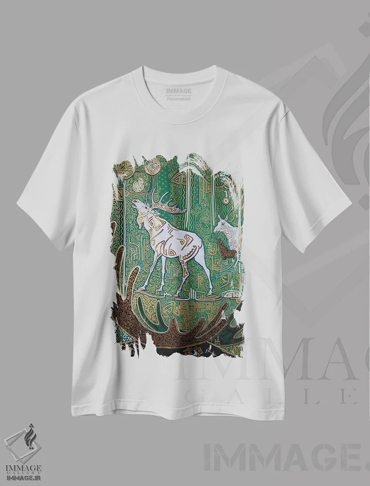 تیشرت سفید طرح دار افسانه ای از گوزن های شمالی، دست نقاشی و طراحی دستی اثر فافا کورولوا | immage.ir