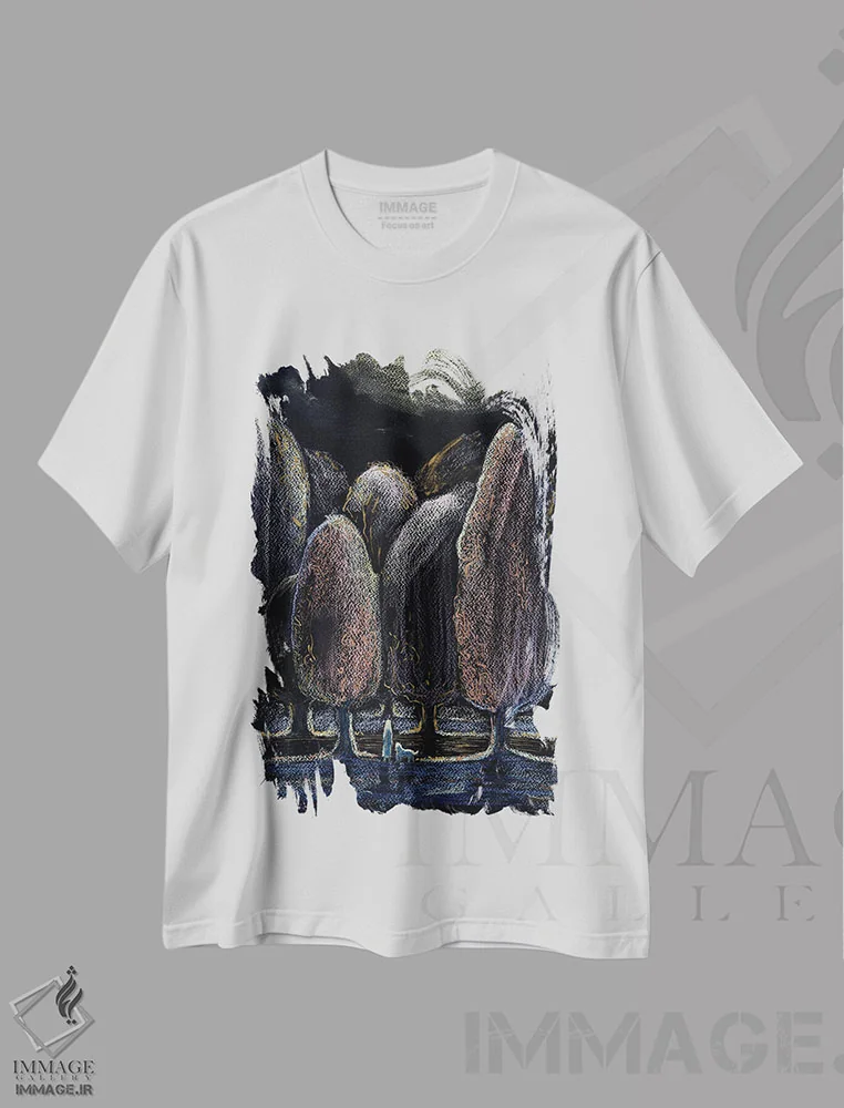 تیشرت سفید طرح دار انتظار در شب، دست نقاشی و طراحی دستی اثر فافا کورولوا | فروشگاه ایماژ