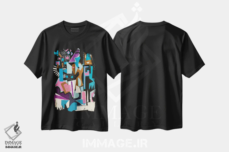 تیشرت مشکی طرح دار اشکال آبستره رنگارنگ سه، آبستره اثر فرانتیشک فلوریان | فروشگاه ایماژ