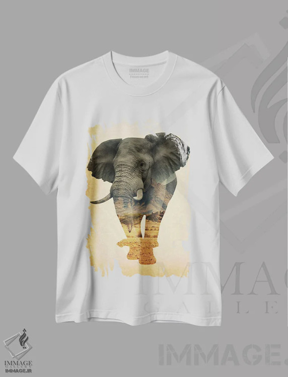تیشرت سفید طرح دار فیل آفریقایی با نوردهی دوگانه، تزئینی اثر فیشرکرافت | immage.ir