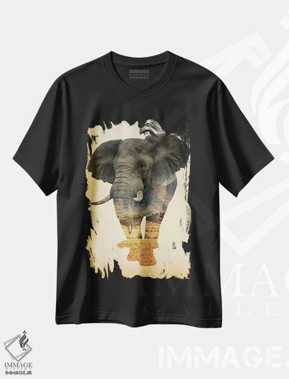 تیشرت مشکی طرح دار فیل آفریقایی با نوردهی دوگانه، تزئینی اثر فیشرکرافت | فروشگاه ایماژ