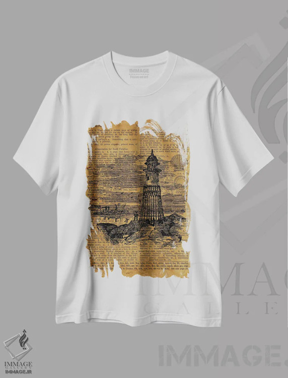 تیشرت سفید طرح دار حکاکی فانوس دریایی روی کاغذ قدیمی، تزئینی اثر فیشرکرافت | فروشگاه ایماژ