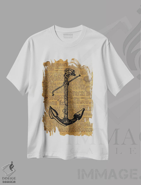 تیشرت سفید طرح دار حکاکی لنگر روی کاغذ قدیمی، تزئینی اثر فیشرکرافت | فروشگاه ایماژ