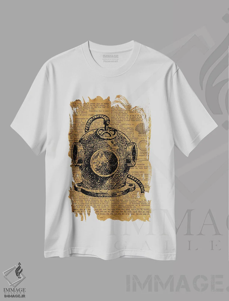 تیشرت سفید طرح دار حکاکی کلاه غواصی عمیق روی کاغذ قدیمی، تزئینی اثر فیشرکرافت | فروشگاه ایماژ