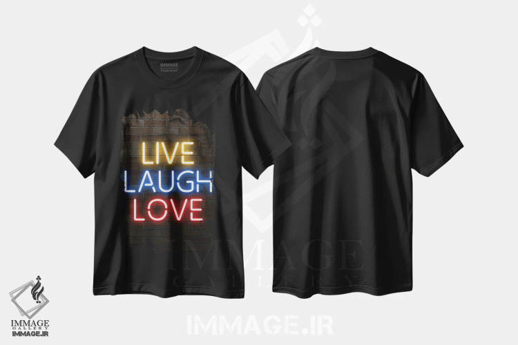 تیشرت مشکی طرح دار زندگی کن، بخند، دوست بدار، هنر دیجیتال اثر فیشرکرافت | فروشگاه ایماژ