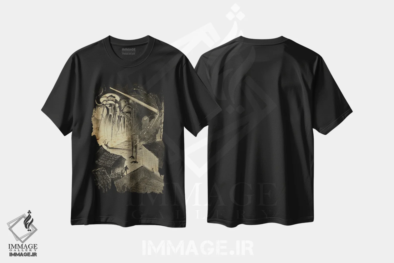 تیشرت مشکی طرح دار حمله شبانه جنگ دنیاها، هنر دیجیتال اثر فیشرکرافت | فروشگاه ایماژ