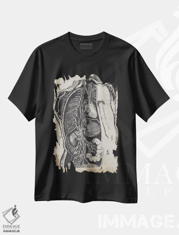 تیشرت مشکی طرح دار چاپ پزشکی اندام های داخلی قدیمی، تزئینی اثر فیشرکرافت | فروشگاه ایماژ
