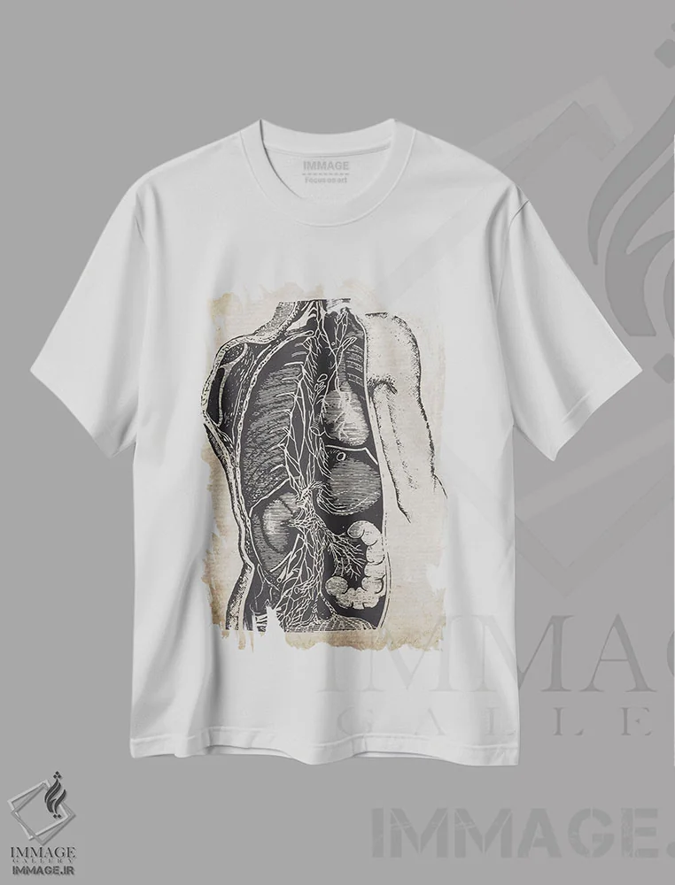 تیشرت سفید طرح دار چاپ پزشکی اندام های داخلی قدیمی، تزئینی اثر فیشرکرافت | immage.ir