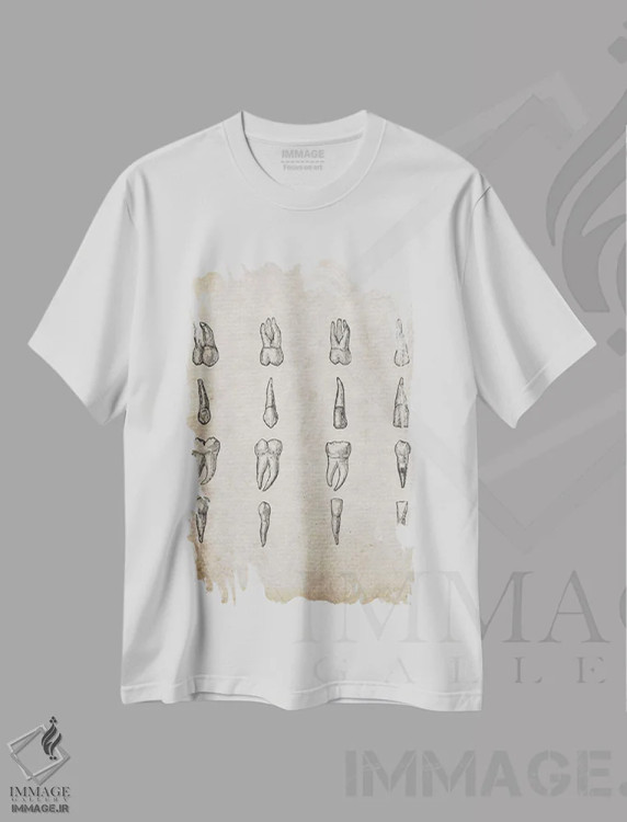 تیشرت سفید طرح دار چاپ پزشکی دندان های قدیمی، تزئینی اثر فیشرکرافت | فروشگاه ایماژ