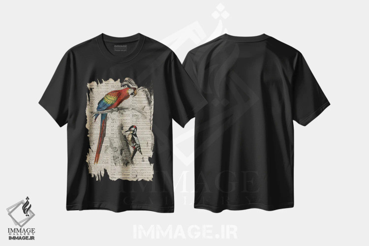 تیشرت مشکی طرح دار دیکشنر جهانی: طوطی و دارکوب، تزئینی اثر فیشرکرافت | فروشگاه ایماژ