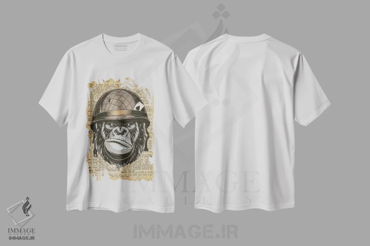 تیشرت سفید طرح دار غرش گوریل روی کاغذ دیکشنر قدیمی، دکوراسیون جایگزین اثر فیشرکرافت | فروشگاه ایماژ