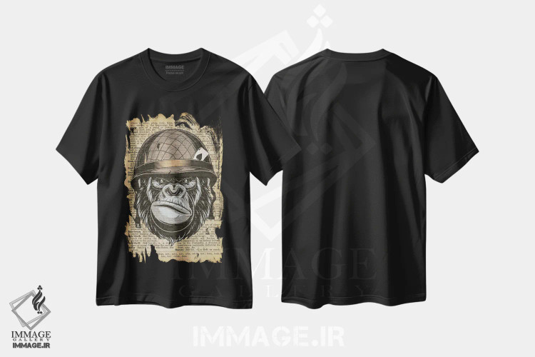 تیشرت مشکی طرح دار غرش گوریل روی کاغذ دیکشنر قدیمی، دکوراسیون جایگزین اثر فیشرکرافت | immage.ir