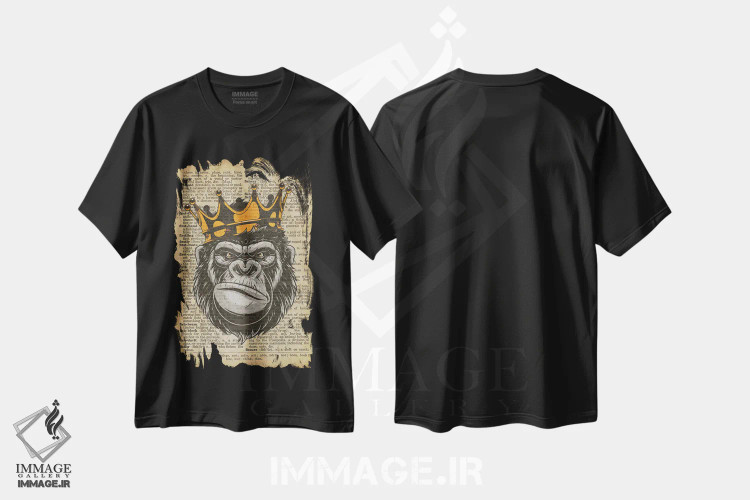 تیشرت مشکی طرح دار پادشاه گوریل ۲ روی کاغذ دیکشنر قدیمی، دکوراسیون جایگزین اثر فیشرکرافت | فروشگاه ایماژ