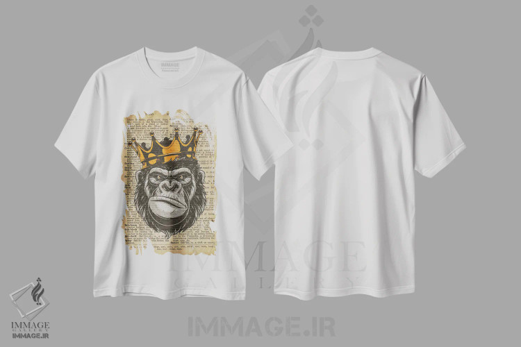 تیشرت سفید طرح دار پادشاه گوریل ۲ روی کاغذ دیکشنر قدیمی، دکوراسیون جایگزین اثر فیشرکرافت | immage.ir