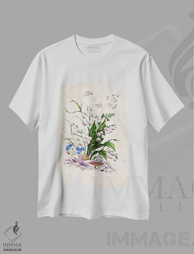 تیشرت سفید طرح دار گل سوسن دره ای کلاسیک، دکوراسیون جایگزین اثر فیشرکرافت | فروشگاه ایماژ