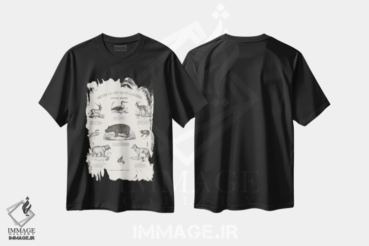 تیشرت مشکی طرح دار جدول حیوانات، تزئینی اثر فلوران بُدار | فروشگاه ایماژ