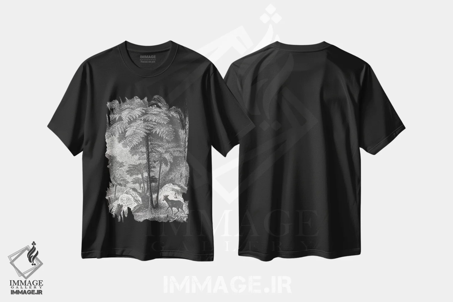 تیشرت مشکی طرح دار گوزن و سرخس، دست نقاشی و طراحی دستی اثر فلوران بُدار | فروشگاه ایماژ
