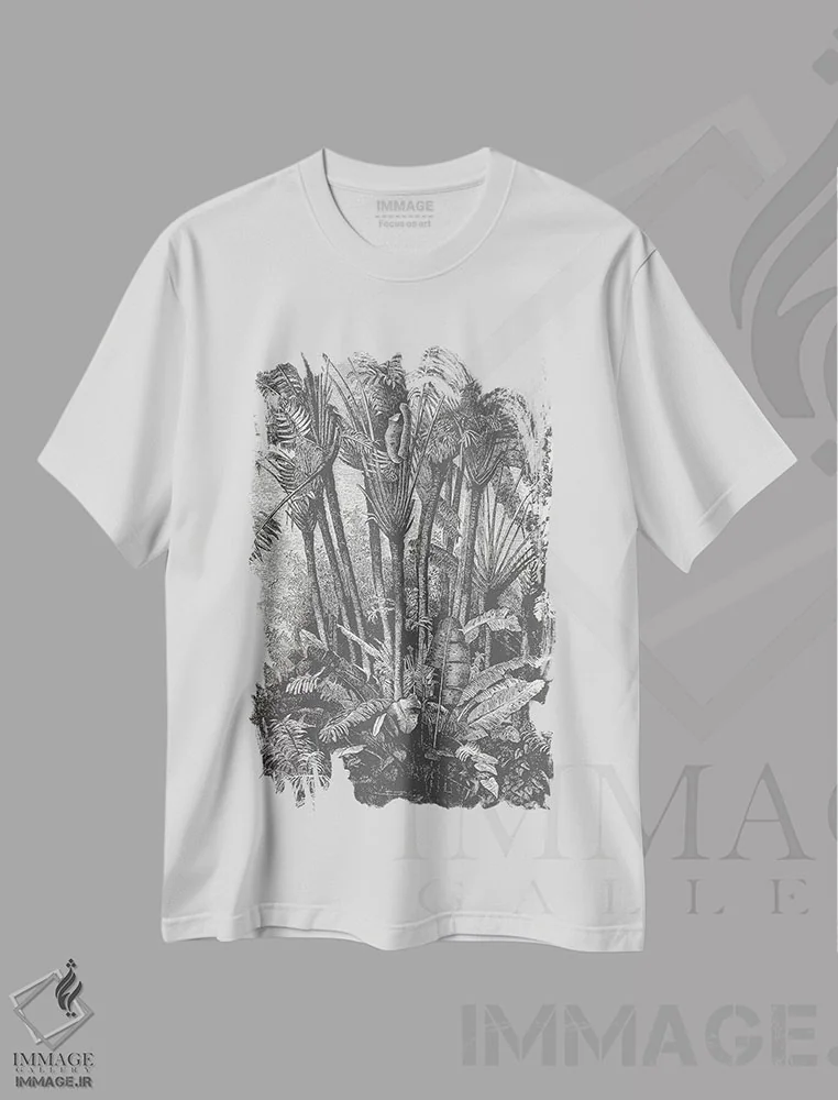 تیشرت سفید طرح دار نخل ها در آب، دست نقاشی و طراحی دستی اثر فلوران بُدار | immage.ir