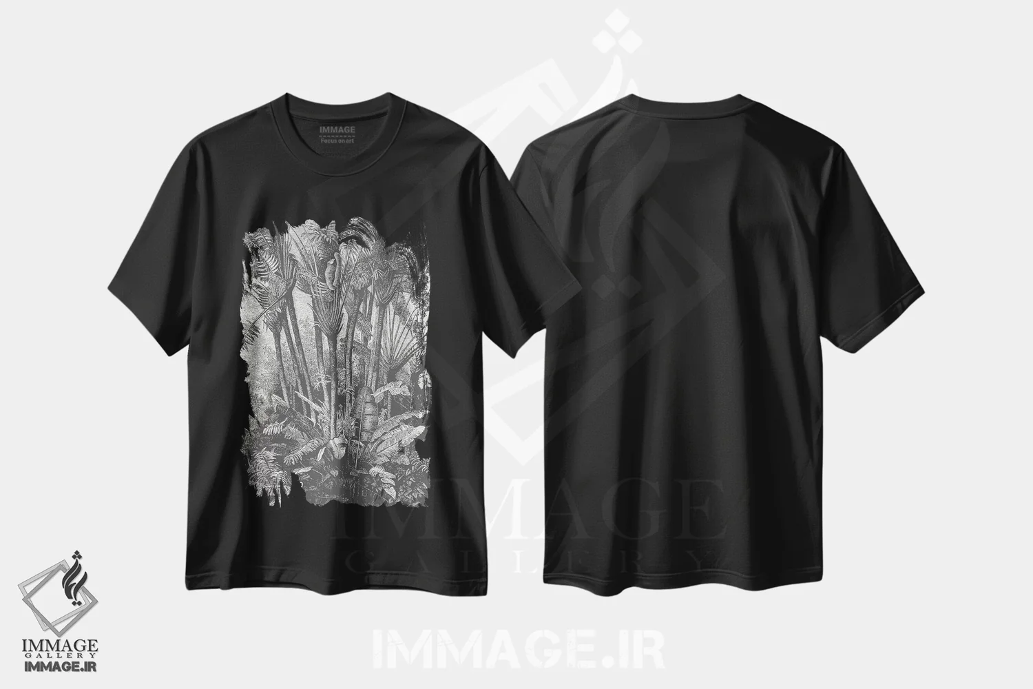 تیشرت مشکی طرح دار نخل ها در آب، دست نقاشی و طراحی دستی اثر فلوران بُدار | فروشگاه ایماژ