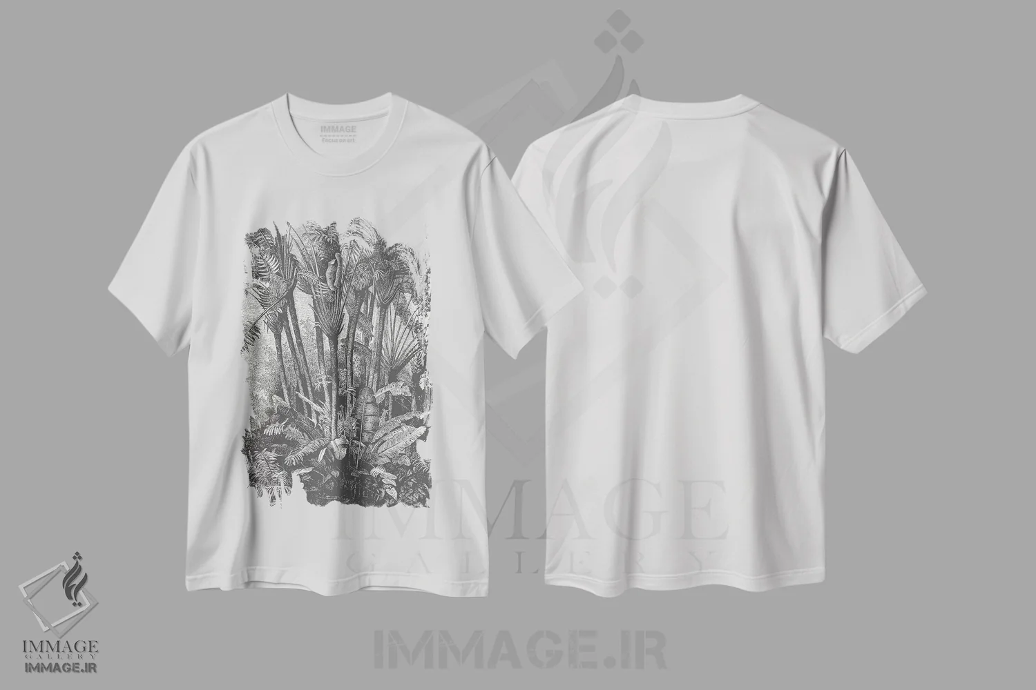 تیشرت سفید طرح دار نخل ها در آب، دست نقاشی و طراحی دستی اثر فلوران بُدار | immage.ir