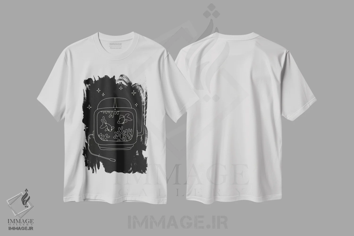 تیشرت سفید طرح دار فضانورد و ماهی ها، هنر تزئینی سیاه و سفید اثر فلوران بُدار | فروشگاه ایماژ