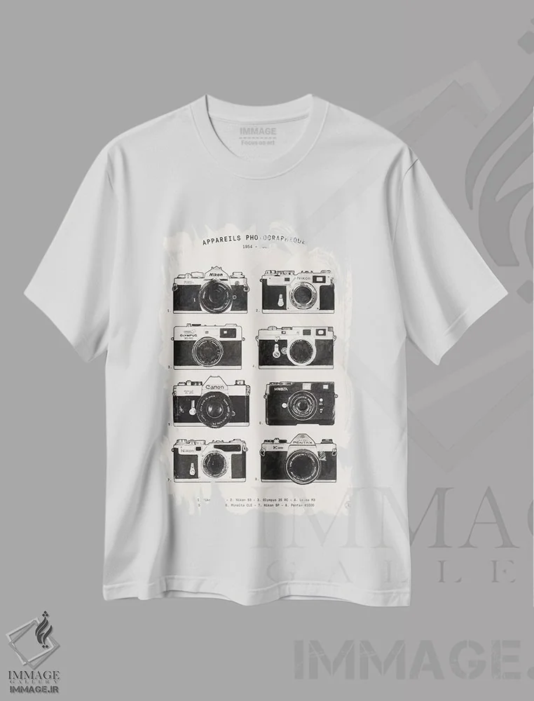 تیشرت سفید طرح دار دوربین های عکاسی، تزئینی اثر فلوران بُدار | فروشگاه ایماژ