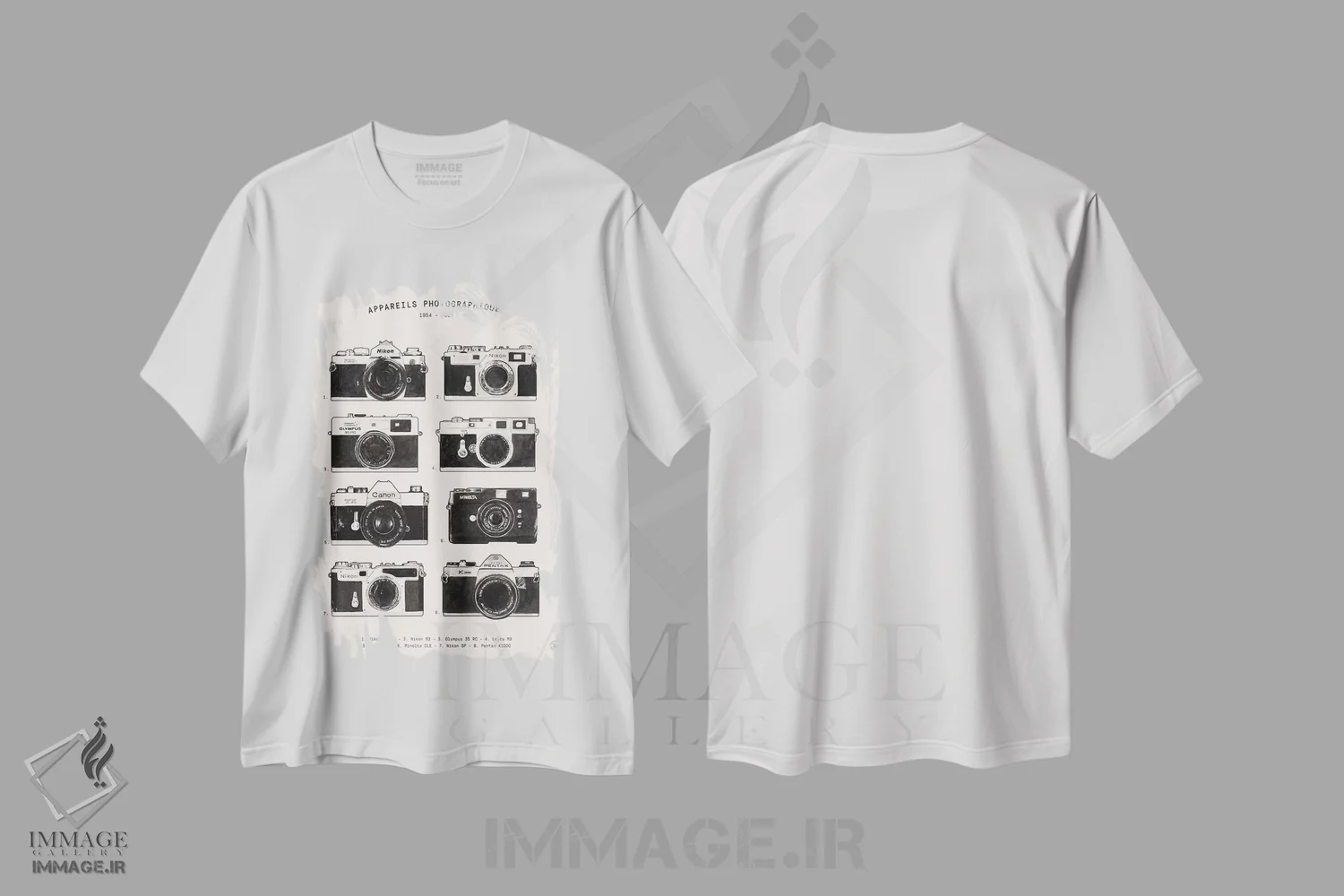 تیشرت سفید طرح دار دوربین های عکاسی، تزئینی اثر فلوران بُدار | فروشگاه ایماژ