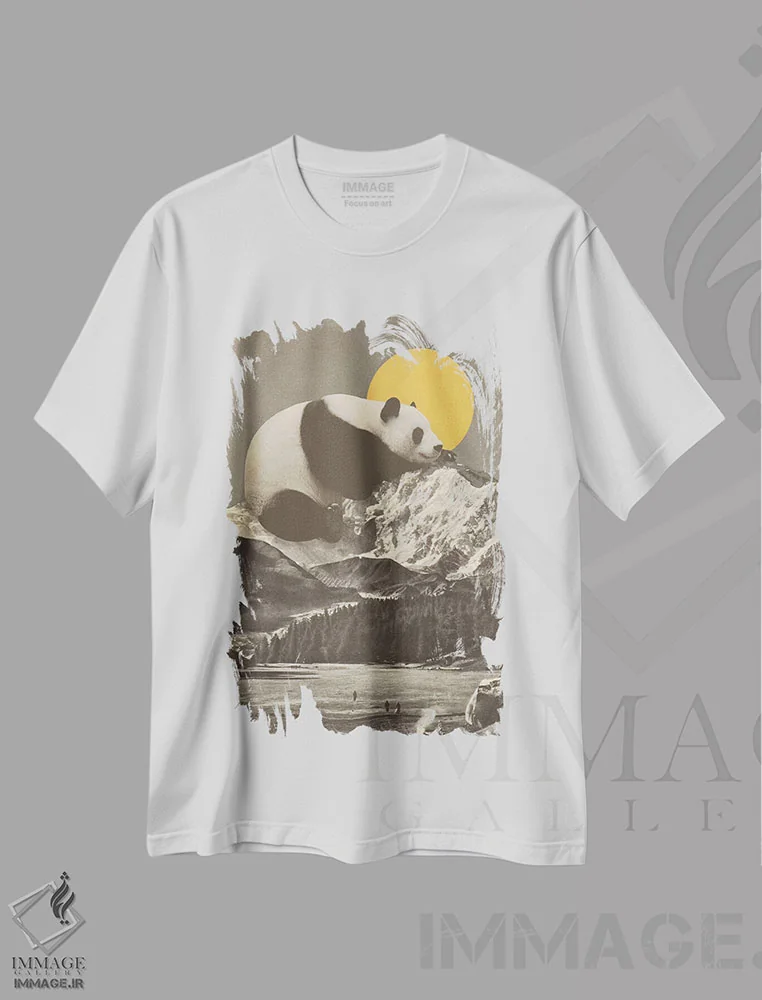 تیشرت سفید طرح دار چُرت پاندا غول پیکر روی کوه، هنر دیجیتال اثر فلوران بُدار | فروشگاه ایماژ