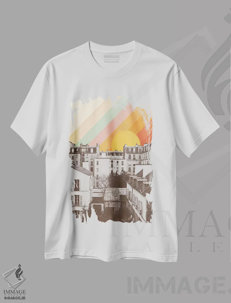 تیشرت سفید طرح دار آسمان رنگین کمان بالای پاریس، تزئینی اثر فلوران بُدار | immage.ir