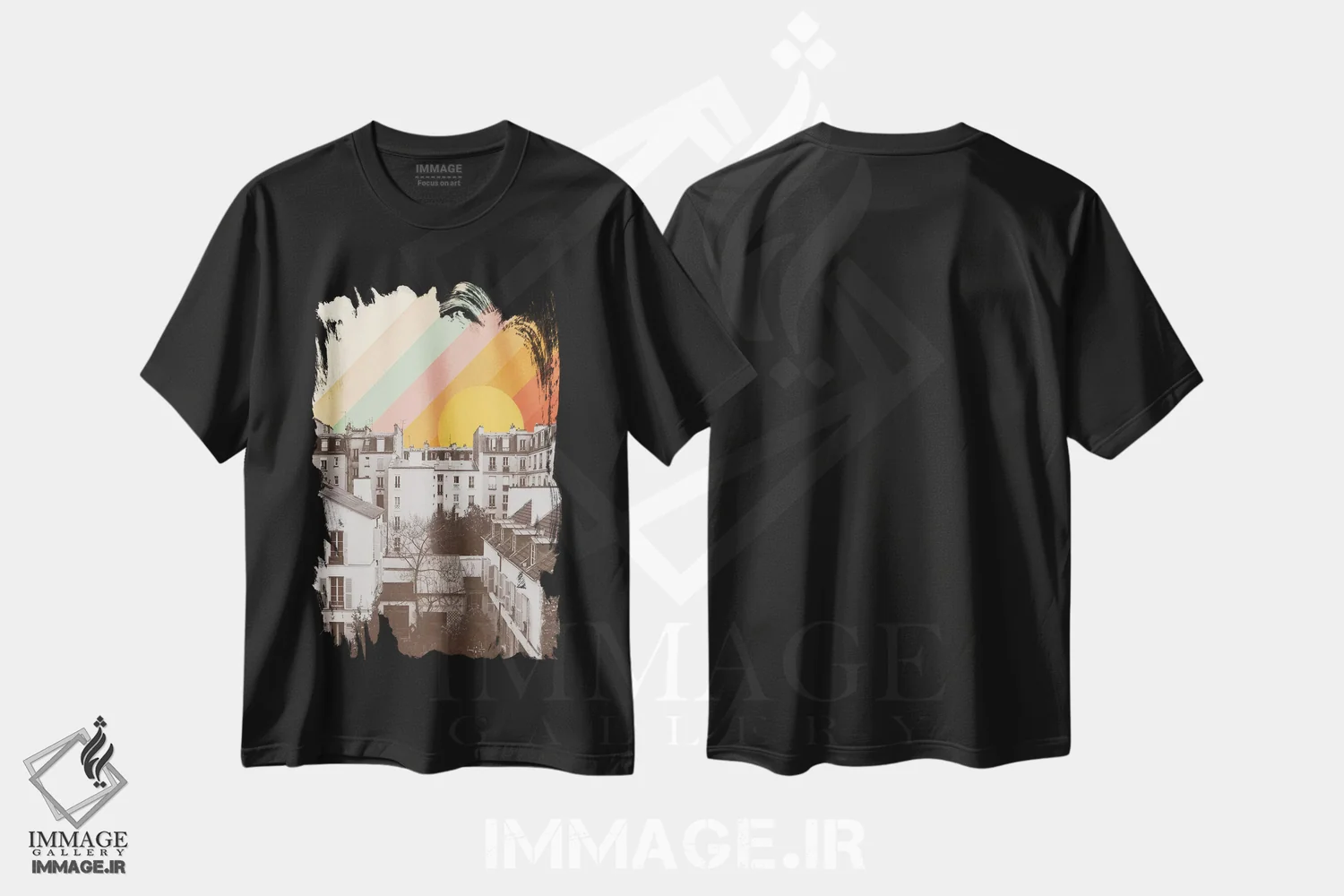 تیشرت مشکی طرح دار آسمان رنگین کمان بالای پاریس، تزئینی اثر فلوران بُدار | فروشگاه ایماژ