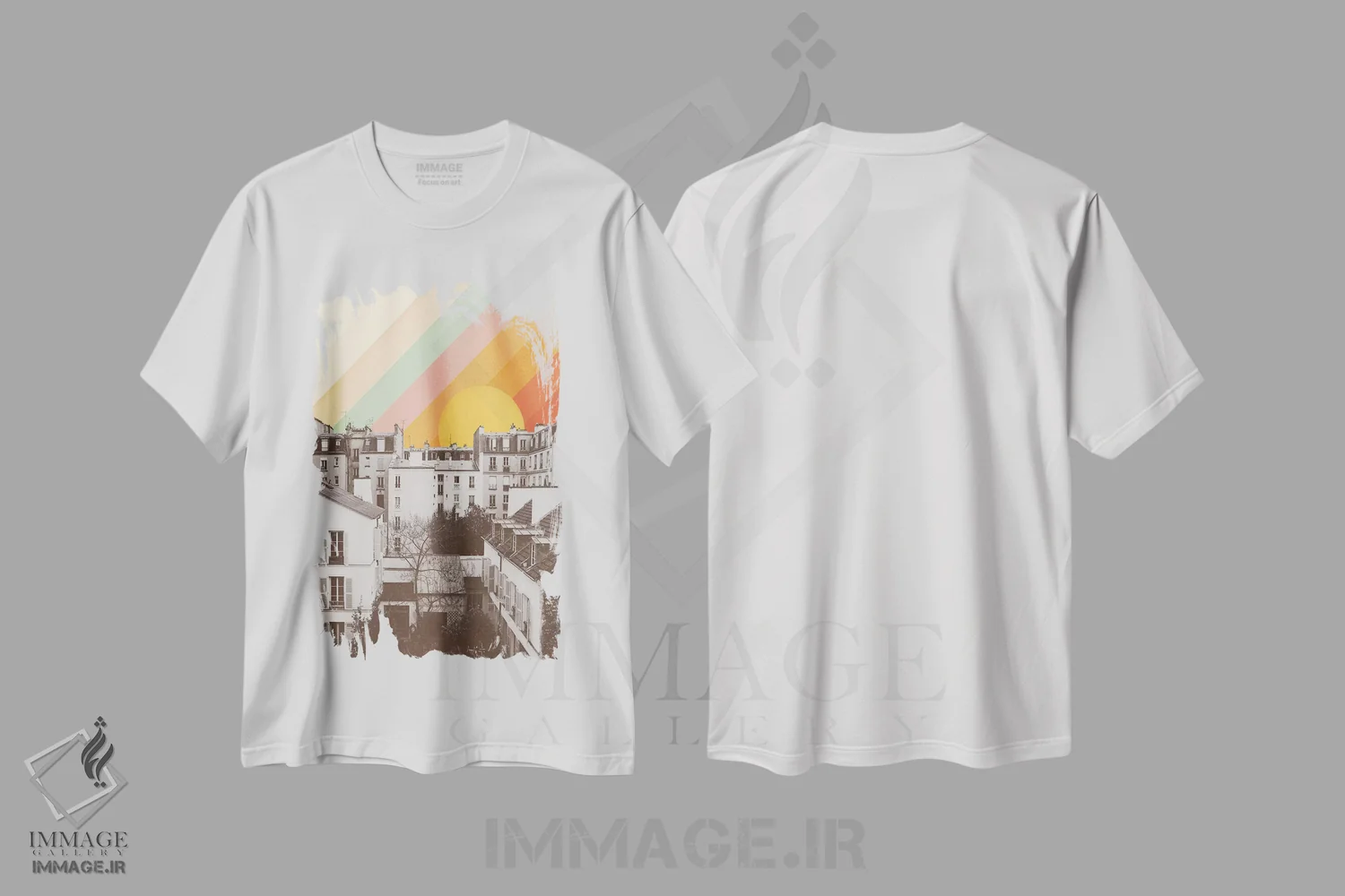 تیشرت سفید طرح دار آسمان رنگین کمان بالای پاریس، تزئینی اثر فلوران بُدار | immage.ir