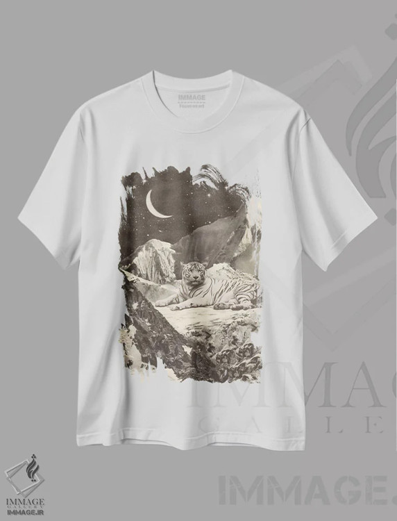 تیشرت سفید طرح دار ببر سفید غول پیکر روی کوه ها، هنر دیجیتال سیاه و سفید اثر فلوران بُدار | immage.ir