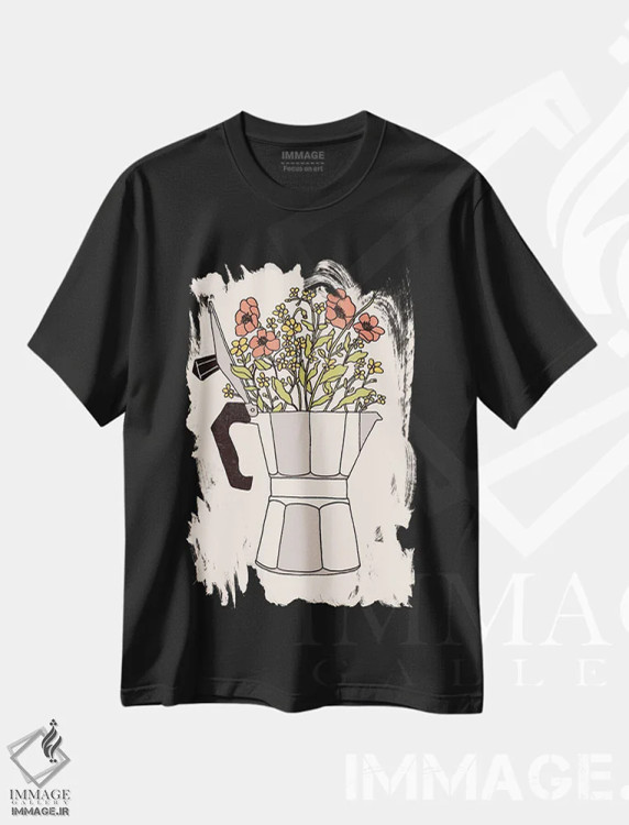 تیشرت مشکی طرح دار گل های موکا، هنر دیجیتال اثر فلوران بُدار | فروشگاه ایماژ