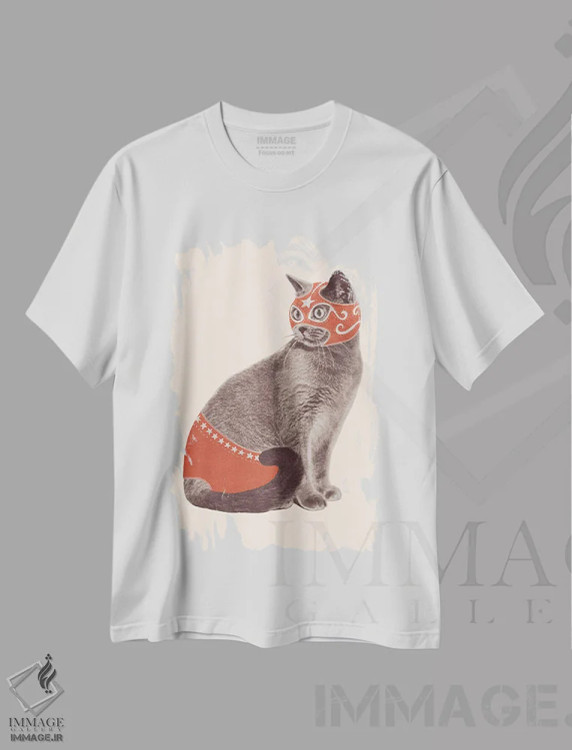 تیشرت سفید طرح دار کشتی گیر گربه، هنر دیجیتال اثر فلوران بُدار | فروشگاه ایماژ