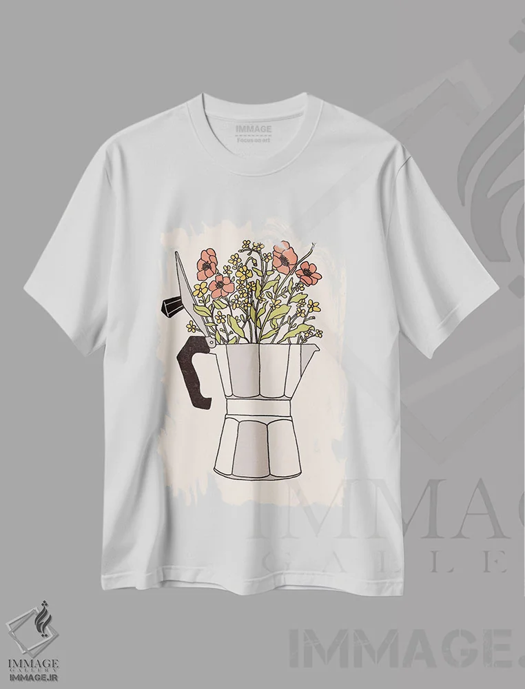 تیشرت سفید طرح دار گل های موکا، هنر دیجیتال اثر فلوران بُدار | immage.ir